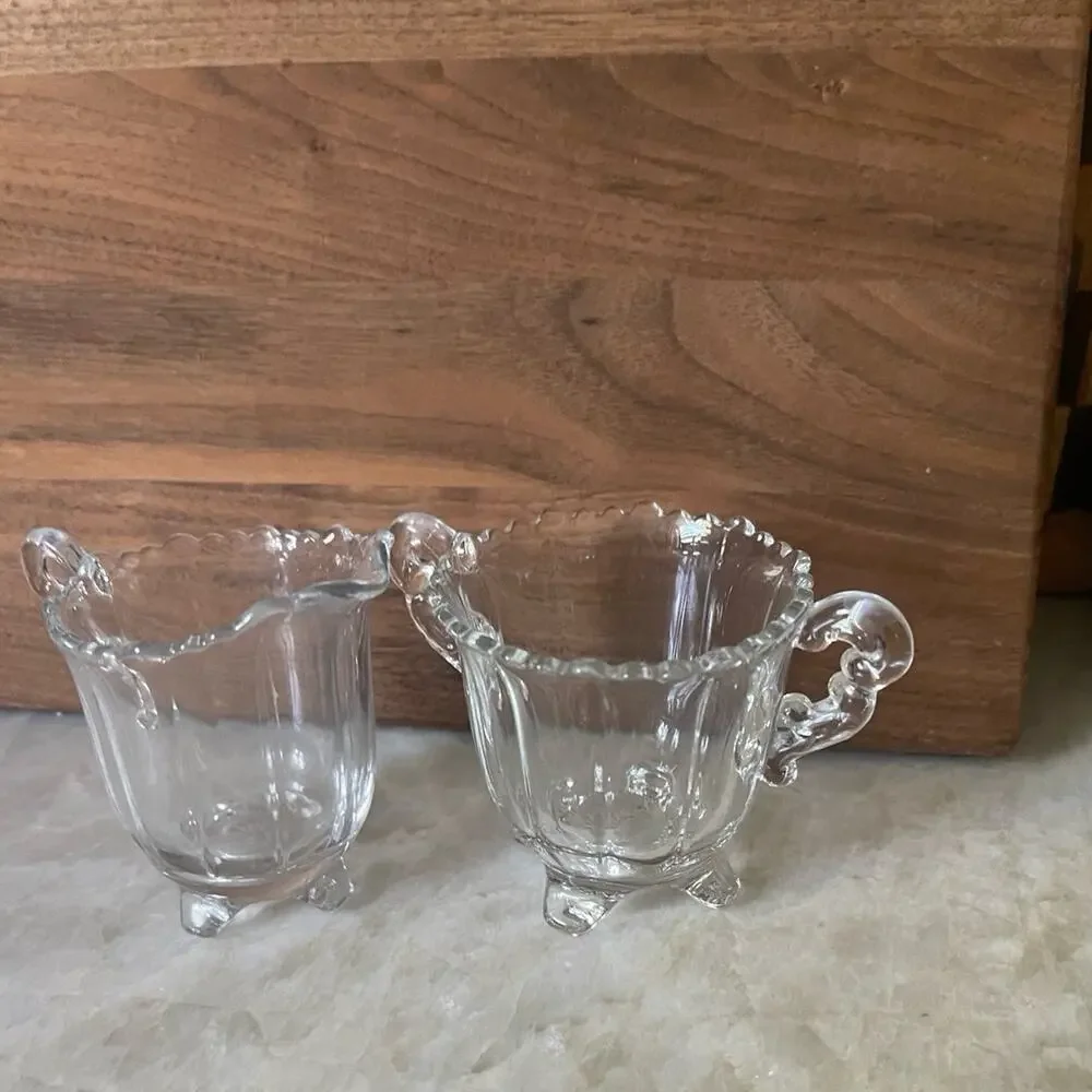 Vintage crystal  glass footed creamer and sugar set 2-1/2